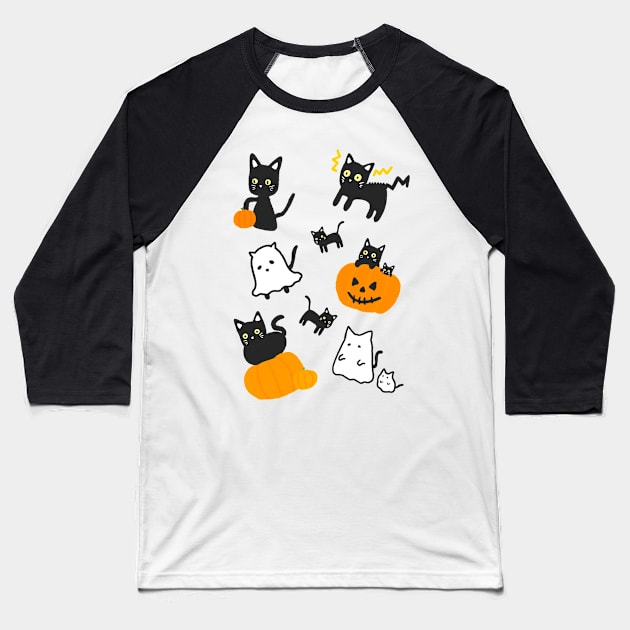 Halloween Black Cat and Pumpkin Ghost Kawaii Cute Anime Manga Logo Art Baseball T-Shirt by Marinaaa010